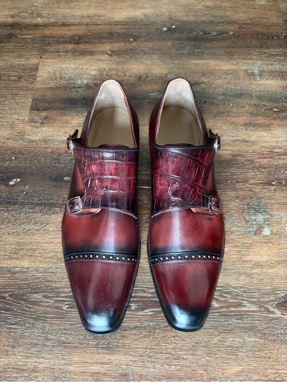 Men's Double Monk Strap Dress Shoes in Wine Croc-Embossed Leather